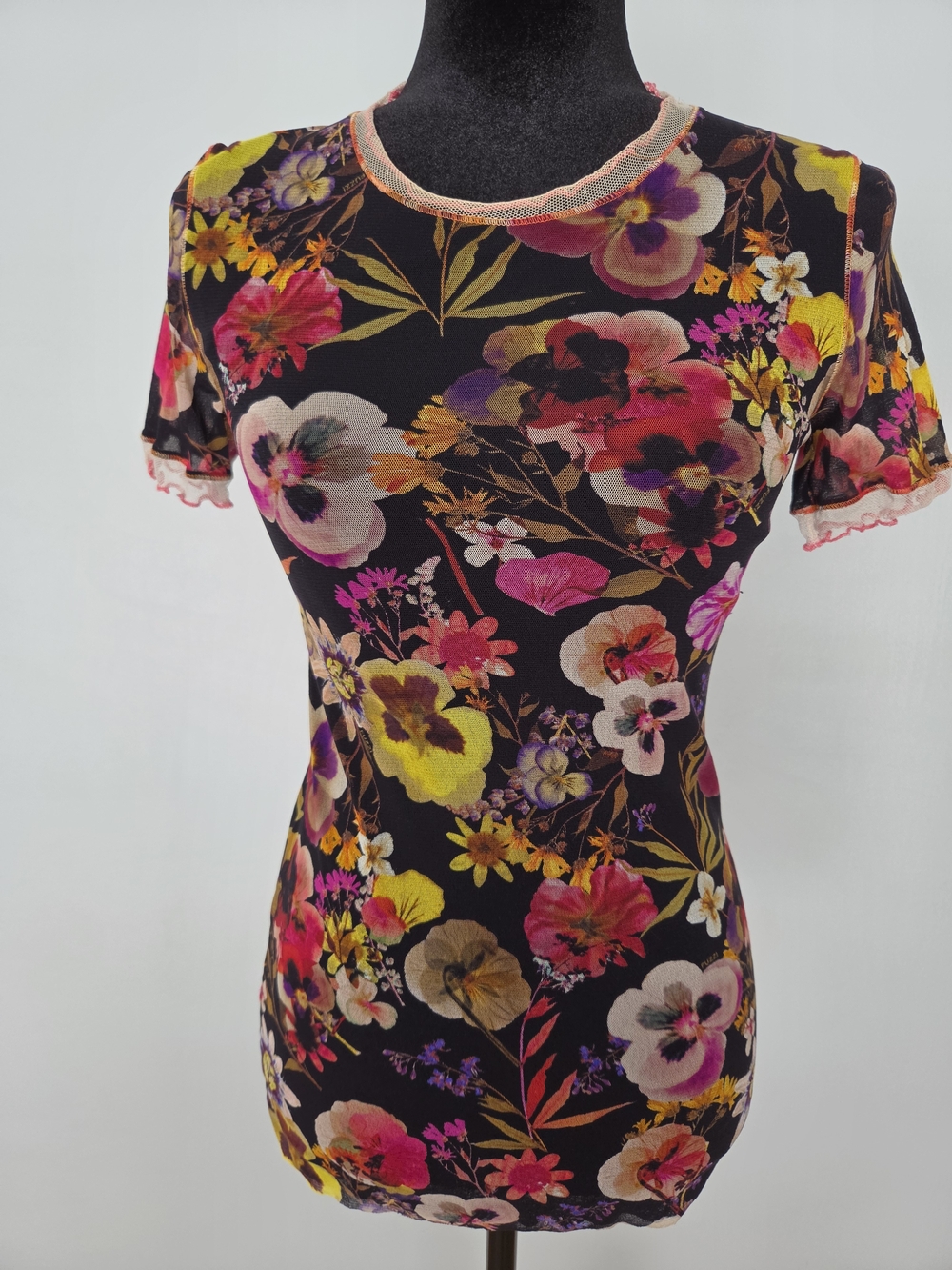 Women’s Short Sleeve Floral Tee in Black with Multicolor Blooms